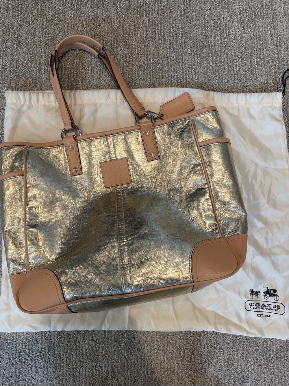 Coach Metallic Silver Tote with Tan Leather Trim